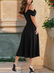 Elegant Cold Shoulder Spaghetti Strap Midi A-Line Off-Shoulder & Flared Silhouette Summer Dress