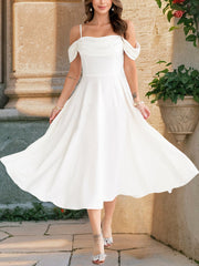 Elegant Cold Shoulder Spaghetti Strap Midi A-Line Off-Shoulder & Flared Silhouette Summer Dress