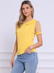 Peter Pan Collar Puff Mesh Short Sleeve Polka Dot Blouse