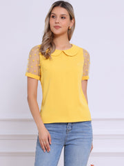 Peter Pan Collar Puff Mesh Short Sleeve Polka Dot Blouse