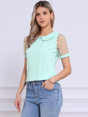 Peter Pan Collar Puff Mesh Short Sleeve Polka Dot Blouse