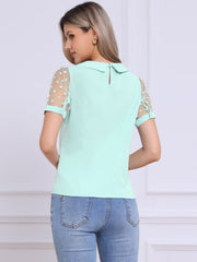 Peter Pan Collar Puff Mesh Short Sleeve Polka Dot Blouse