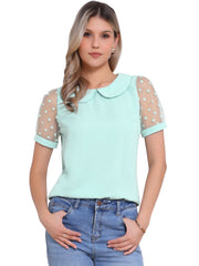 Peter Pan Collar Puff Mesh Short Sleeve Polka Dot Blouse