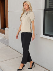 Bow Tie Neck Elegant Office Short Sleeve Blouse