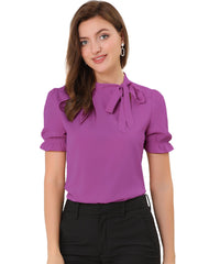 Bow Tie Neck Elegant Office Short Sleeve Blouse