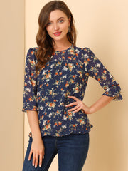 Casual Ruffle 3/4 Sleeve Floral Print Chiffon Blouse