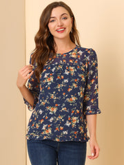 Casual Ruffle 3/4 Sleeve Floral Print Chiffon Blouse