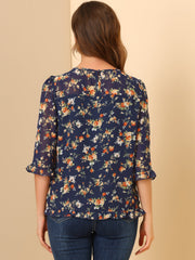 Casual Ruffle 3/4 Sleeve Floral Print Chiffon Blouse
