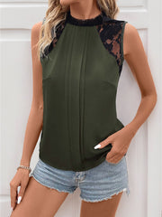 Lace Patchwork Mock Neck Sleeveless Blouse