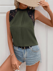 Lace Patchwork Mock Neck Sleeveless Blouse