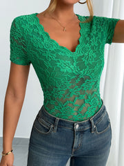 Solid Color Lace V Neck Short Sleeves Blouse