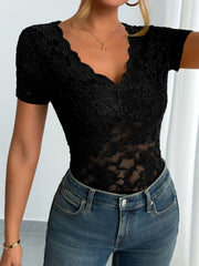 Solid Color Lace V Neck Short Sleeves Blouse