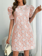 Puff Short Sleeve Flower Textured Mini Dress