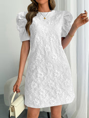 Puff Short Sleeve Flower Textured Mini Dress