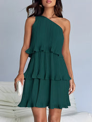 One Shoulder Pleated Ruffled Tiered Mini Dress