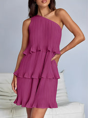 One Shoulder Pleated Ruffled Tiered Mini Dress