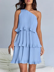 One Shoulder Pleated Ruffled Tiered Mini Dress