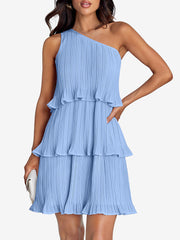 One Shoulder Pleated Ruffled Tiered Mini Dress