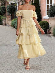 Off Shoulder Short Sleeves Tiered Midi Dress