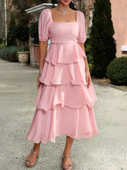 Off Shoulder Short Sleeves Tiered Midi Dress