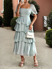 Off Shoulder Short Sleeves Tiered Midi Dress