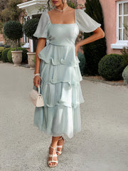 Off Shoulder Short Sleeves Tiered Midi Dress