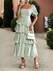 Off Shoulder Short Sleeves Tiered Midi Dress