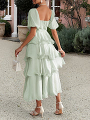 Off Shoulder Short Sleeves Tiered Midi Dress