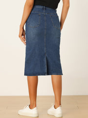 Casual Denim High Waist Stretchy Midi Pencil Jean Skirt