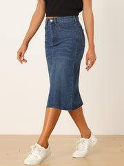 Casual Denim High Waist Stretchy Midi Pencil Jean Skirt