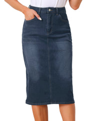 Casual Denim High Waist Stretchy Midi Pencil Jean Skirt