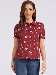 Floral Printed Peter Pan Collar Cotton Short Sleeve Shirt