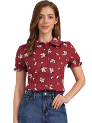 Floral Printed Peter Pan Collar Cotton Short Sleeve Shirt