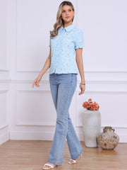 Floral Printed Peter Pan Collar Cotton Short Sleeve Shirt