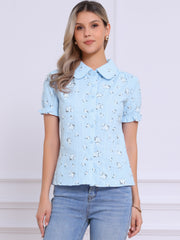 Floral Printed Peter Pan Collar Cotton Short Sleeve Shirt
