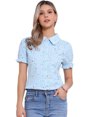Floral Printed Peter Pan Collar Cotton Short Sleeve Shirt