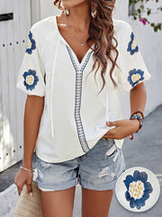 Embroidery Floral Puff Sleeves Casual Blouse