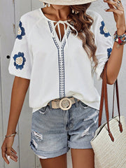 Embroidery Floral Puff Sleeves Casual Blouse