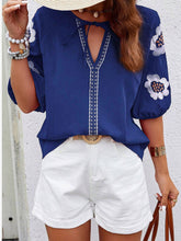 Embroidery Floral Puff Sleeves Casual Blouse