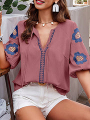 Embroidery Floral Puff Sleeves Casual Blouse