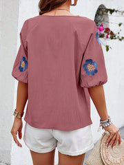 Embroidery Floral Puff Sleeves Casual Blouse