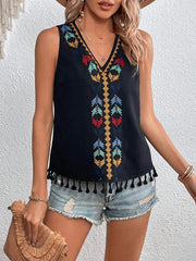 Boho Embroidered Tassled Sleeveless Blouse