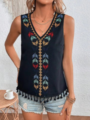 Boho Embroidered Tassled Sleeveless Blouse