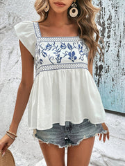 Embroidered Floral Cap Sleeves Babydoll Blouse