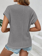 Round Neck Short Sleeves Eyelet Casual Blouse