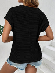 Round Neck Short Sleeves Eyelet Casual Blouse