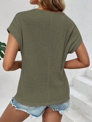 Round Neck Short Sleeves Eyelet Casual Blouse