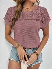 Round Neck Short Sleeves Eyelet Casual Blouse