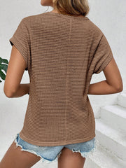 Round Neck Short Sleeves Eyelet Casual Blouse