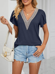 Lace Trim V Neck Short Sleeves Casual Blouse
